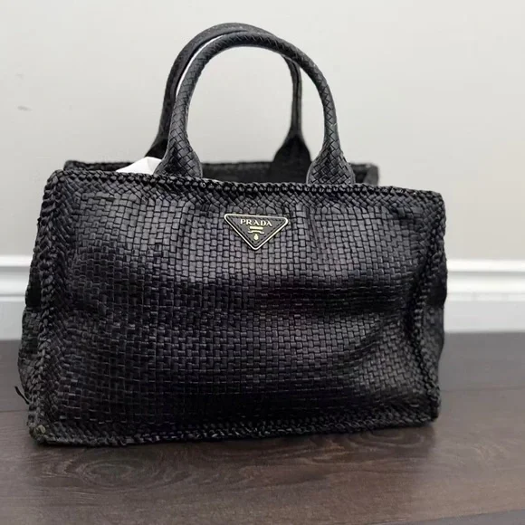 Prada Black Leather Woven Tote Bag - Picture 1 of 11